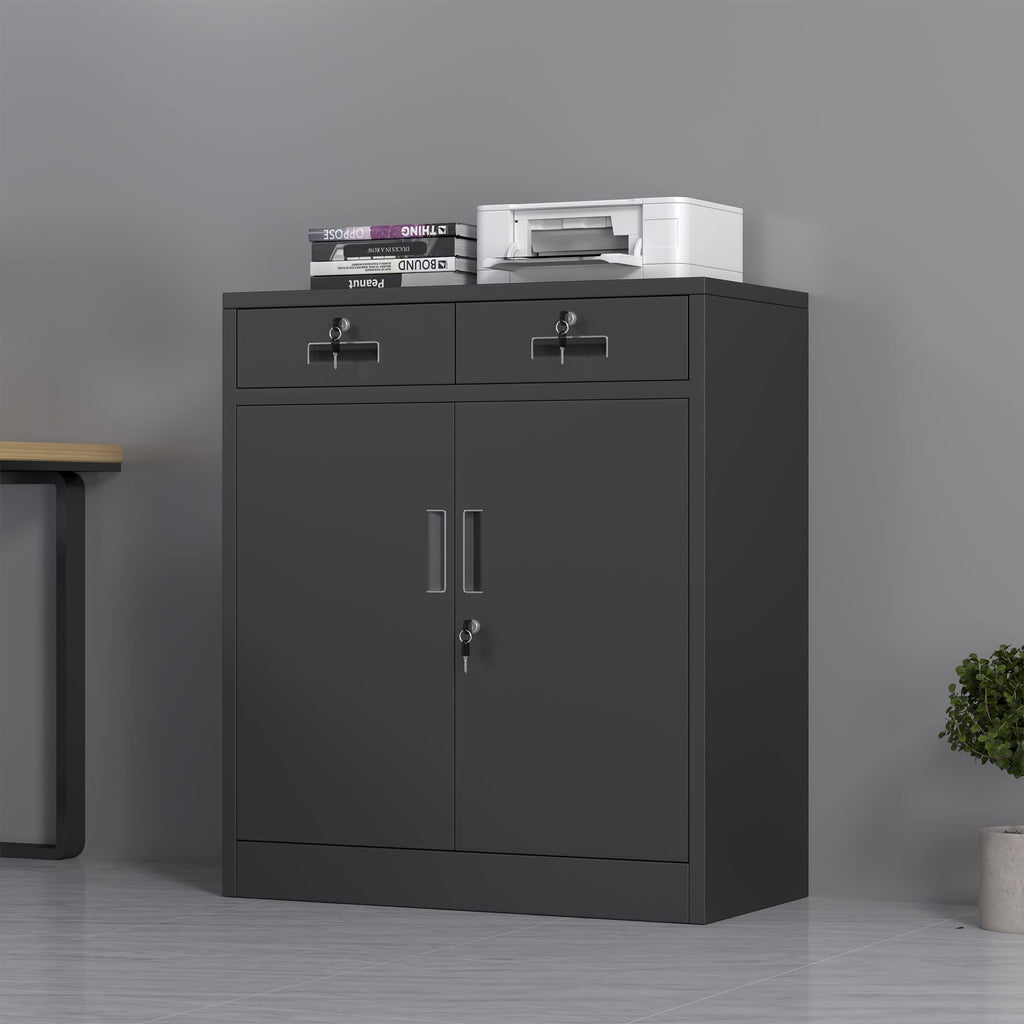 JINGUR Metal Storage Cupboard with Locking Doors and 2 Drawers Black - image 3