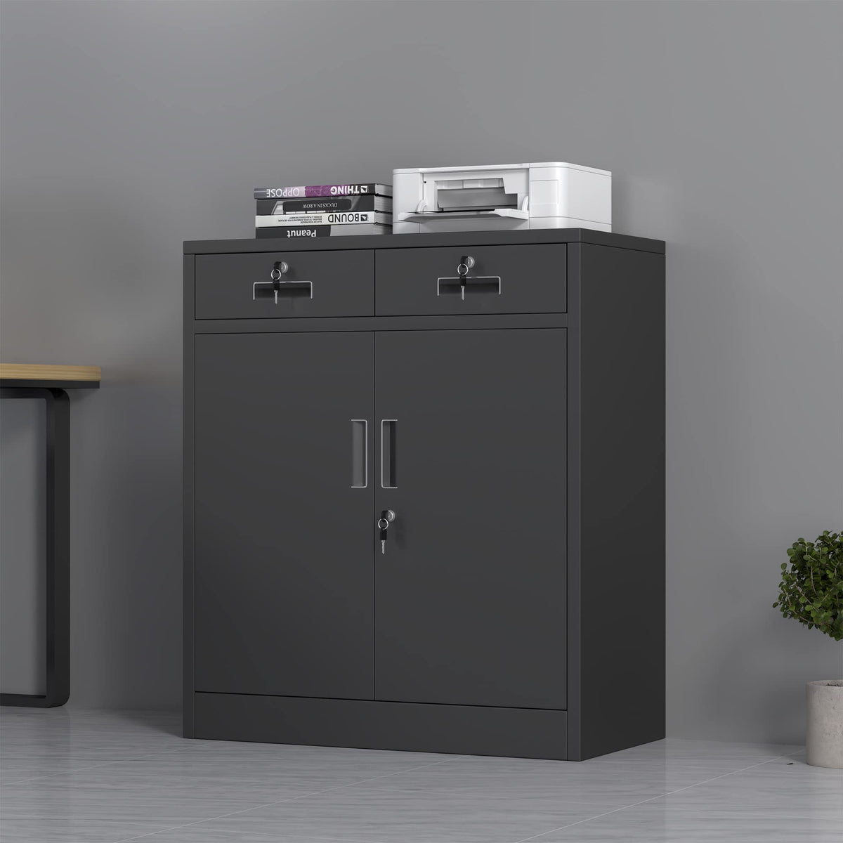 JINGUR Metal Storage Cupboard with Locking Doors and 2 Drawers Black - image 3