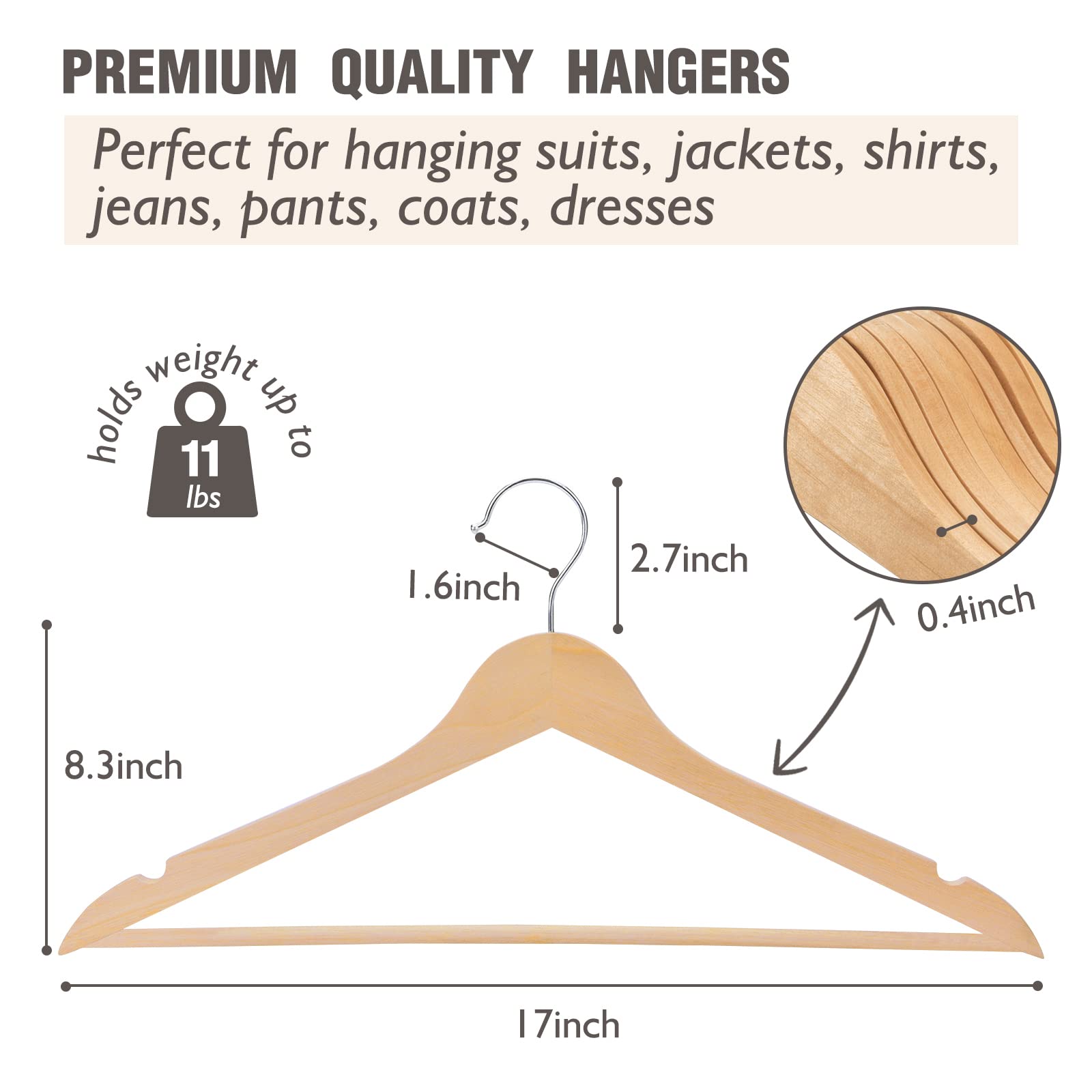 Edergoo Wooden Hangers 30 Pack | Smooth Solid Wood Suit Hangers