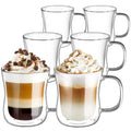 Ecooe Double Walled Coffee Glasses - 6x350ml Borosilicate Mugs with Handle