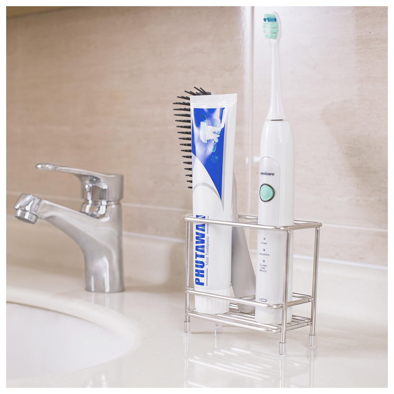 T.R.Sani. Stainless Steel Toothbrush Holder - 2 Slot Bathroom Organizer