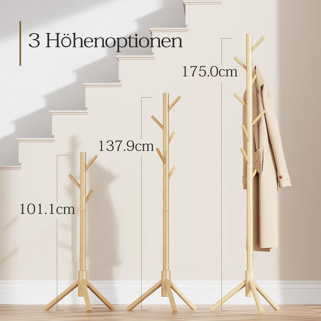 Pipishell Wooden Coat Rack – Adjustable Height Freestanding Stand with 8 Hooks