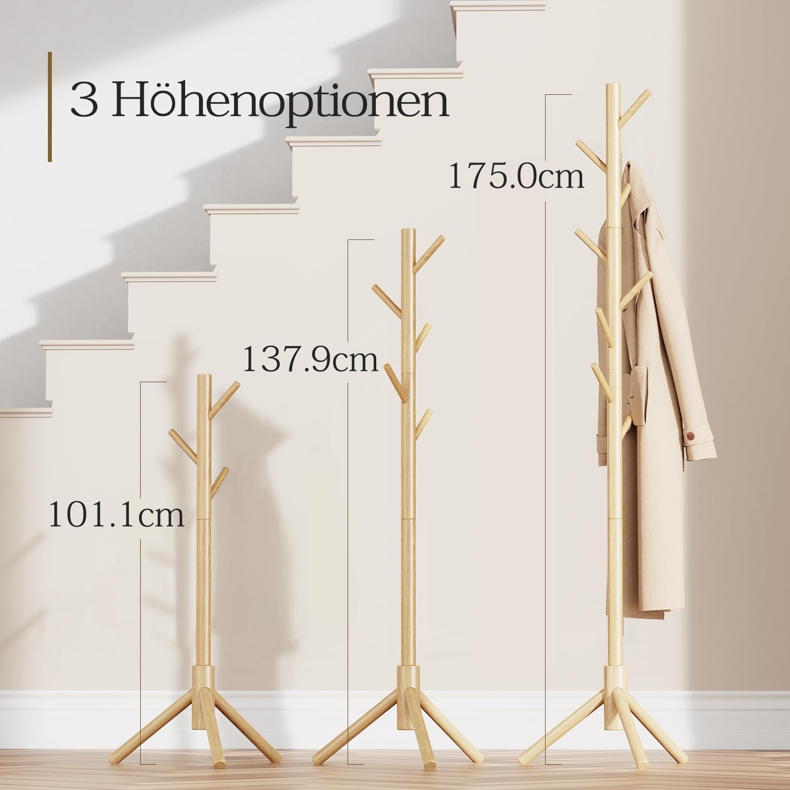 Pipishell Wooden Coat Rack – Adjustable Height Freestanding Stand with 8 Hooks
