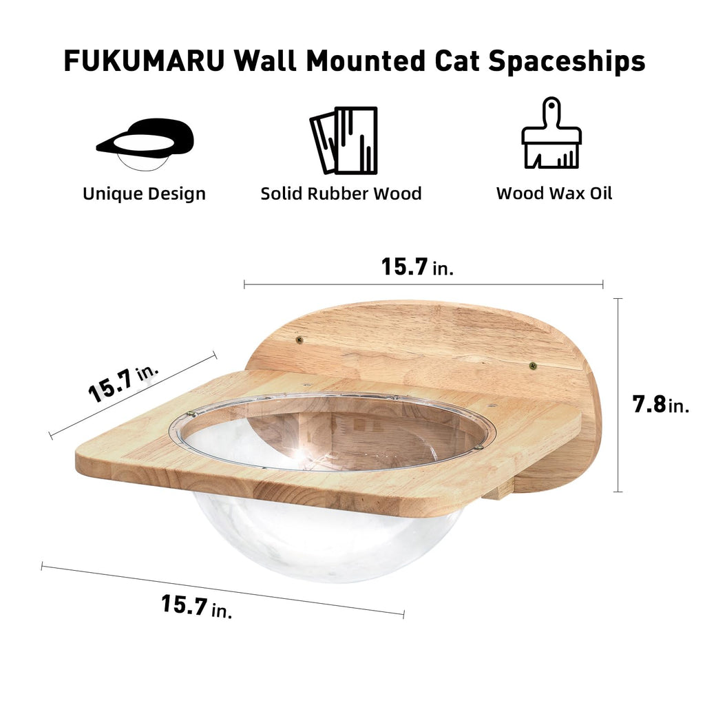 FUKUMARU Cat Wall Furniture Set - Rubber Wood Shelf with Clear Capsule