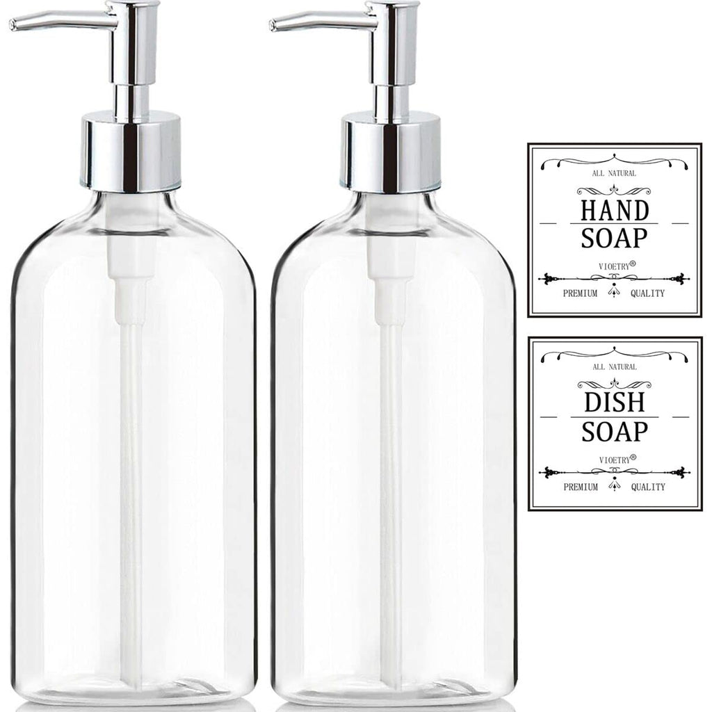 Clear Soap Dispenser with Rust Proof Pump, Waterproof Labels 2 Pack,16 Oz, Plastic Hand Soap Dish Soap Dispenser for Kitchen Bathroom
