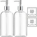 Clear Soap Dispenser with Rust Proof Pump, Waterproof Labels 2 Pack,16 Oz, Plastic Hand Soap Dish Soap Dispenser for Kitchen Bathroom