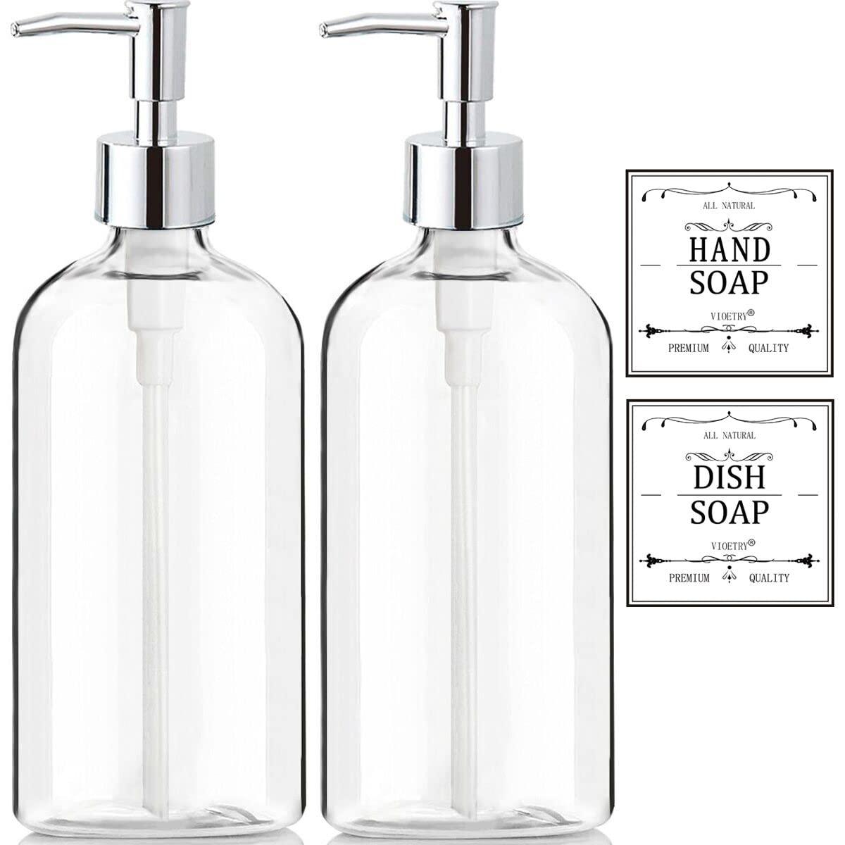 Clear Soap Dispenser with Rust Proof Pump, Waterproof Labels 2 Pack,16 Oz, Plastic Hand Soap Dish Soap Dispenser for Kitchen Bathroom