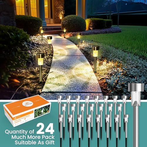 GIGALUMI Solar Garden Lights | 24 Pack Stainless Steel Outdoor Pathway Lights