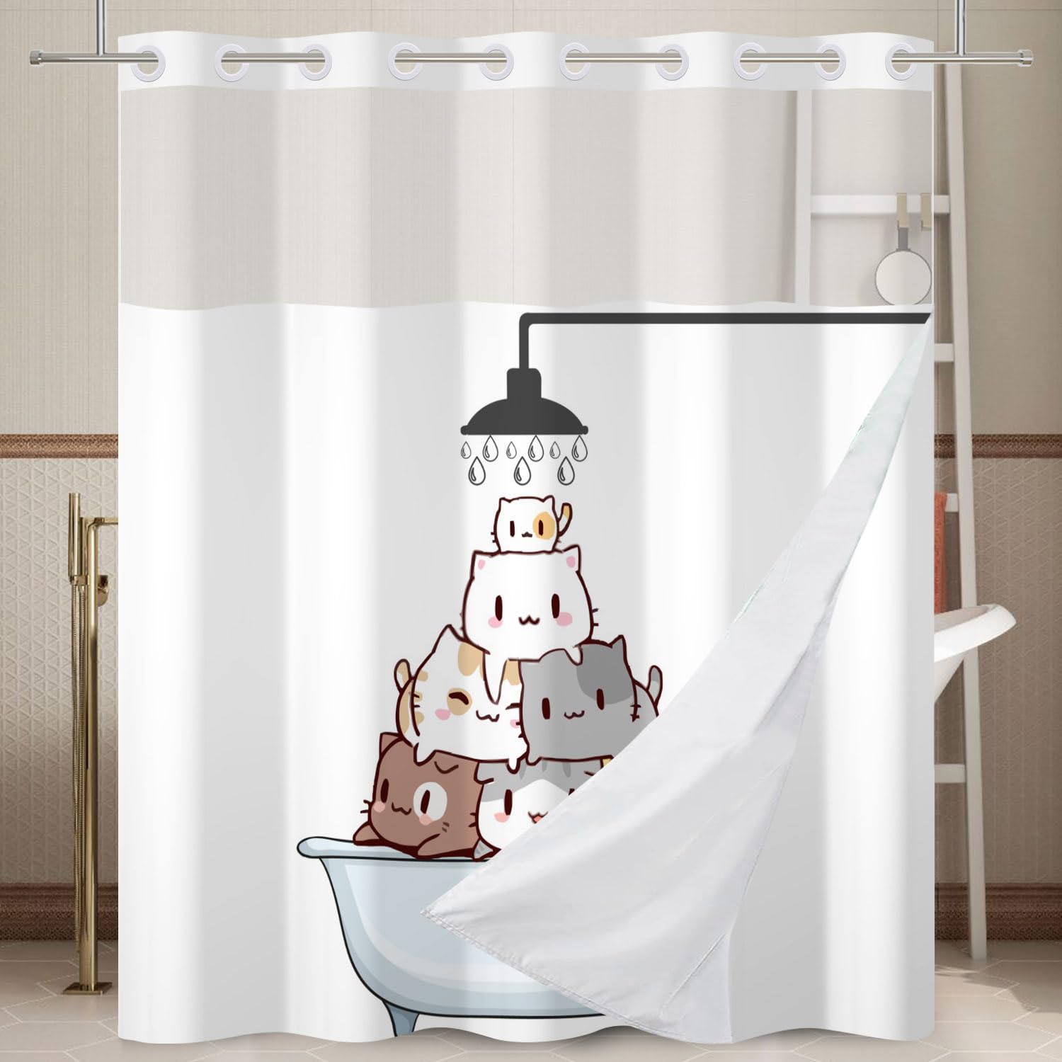Ttincceer Hookless Cat Shower Curtain with Snap-In Liner | Cute Cartoon