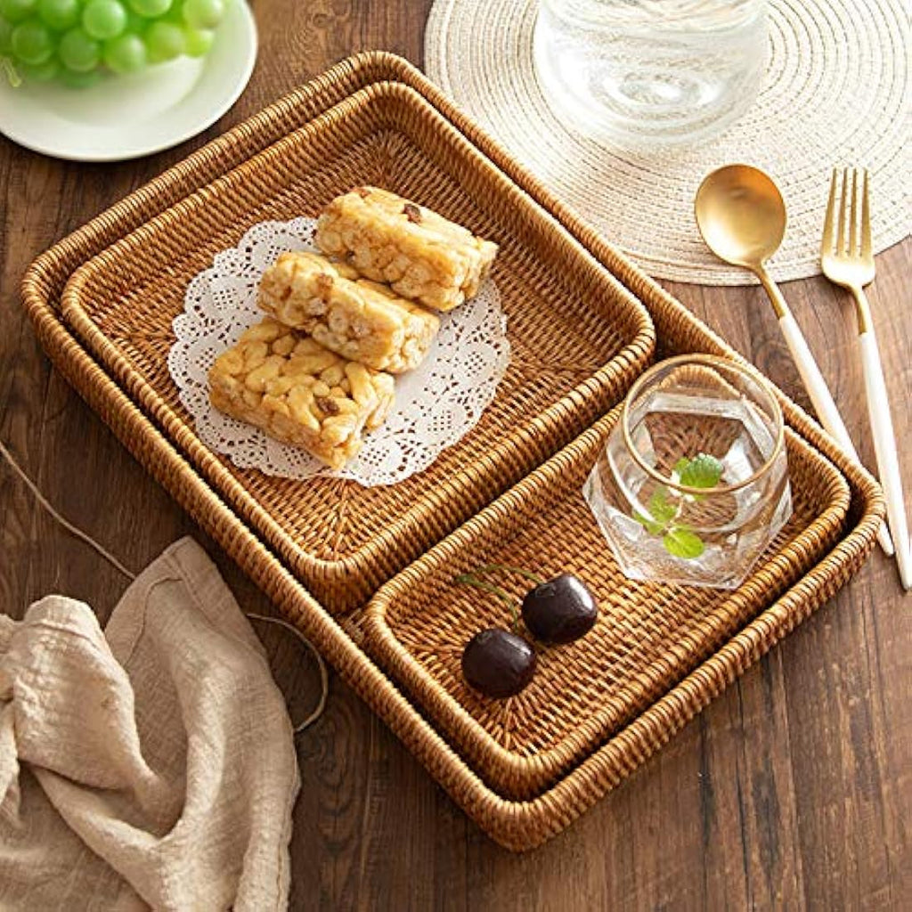 Jolof Store Set of 3 Rectangular Rattan Trays | Woven Wicker Baskets