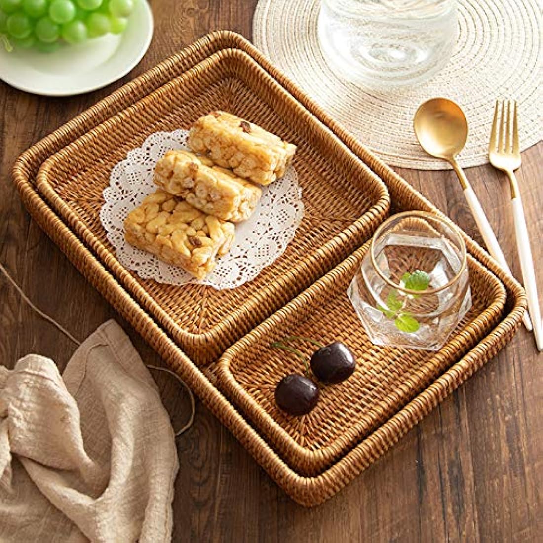 Jolof Store Set of 3 Rectangular Rattan Trays | Woven Wicker Baskets