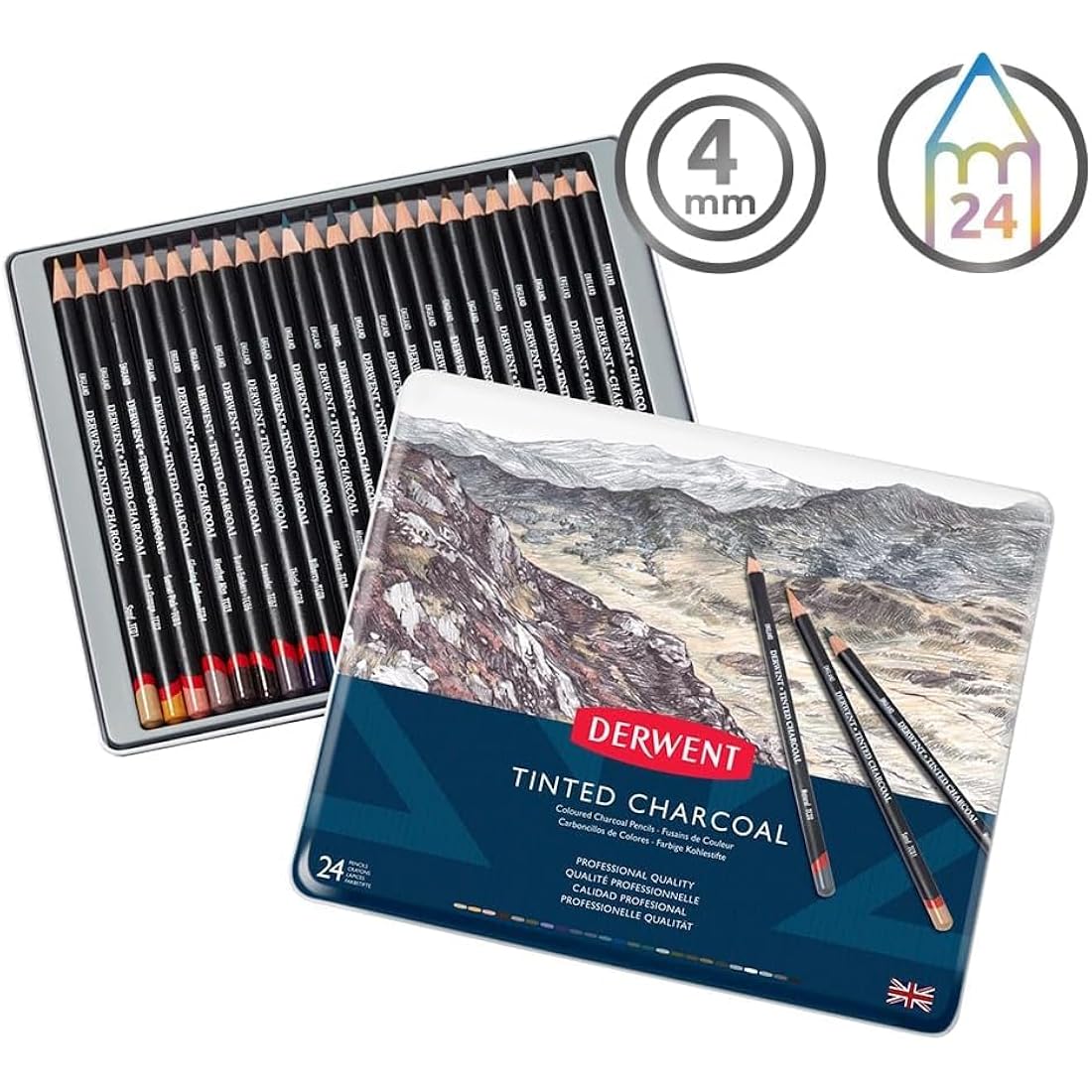 Derwent Tinted Charcoal Pencils - Professional Watersoluble Set of 24