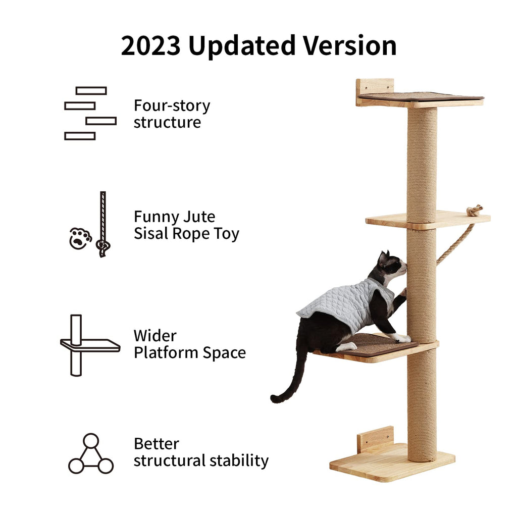 FUKUMARU Wall Mounted Cat Scratching Tree – 125cm Rubber Wood Jute Post