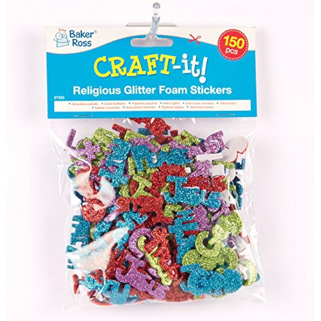 Baker Ross Glitter Foam Stickers – Self-Adhesive Craft Shapes, 150 Pack