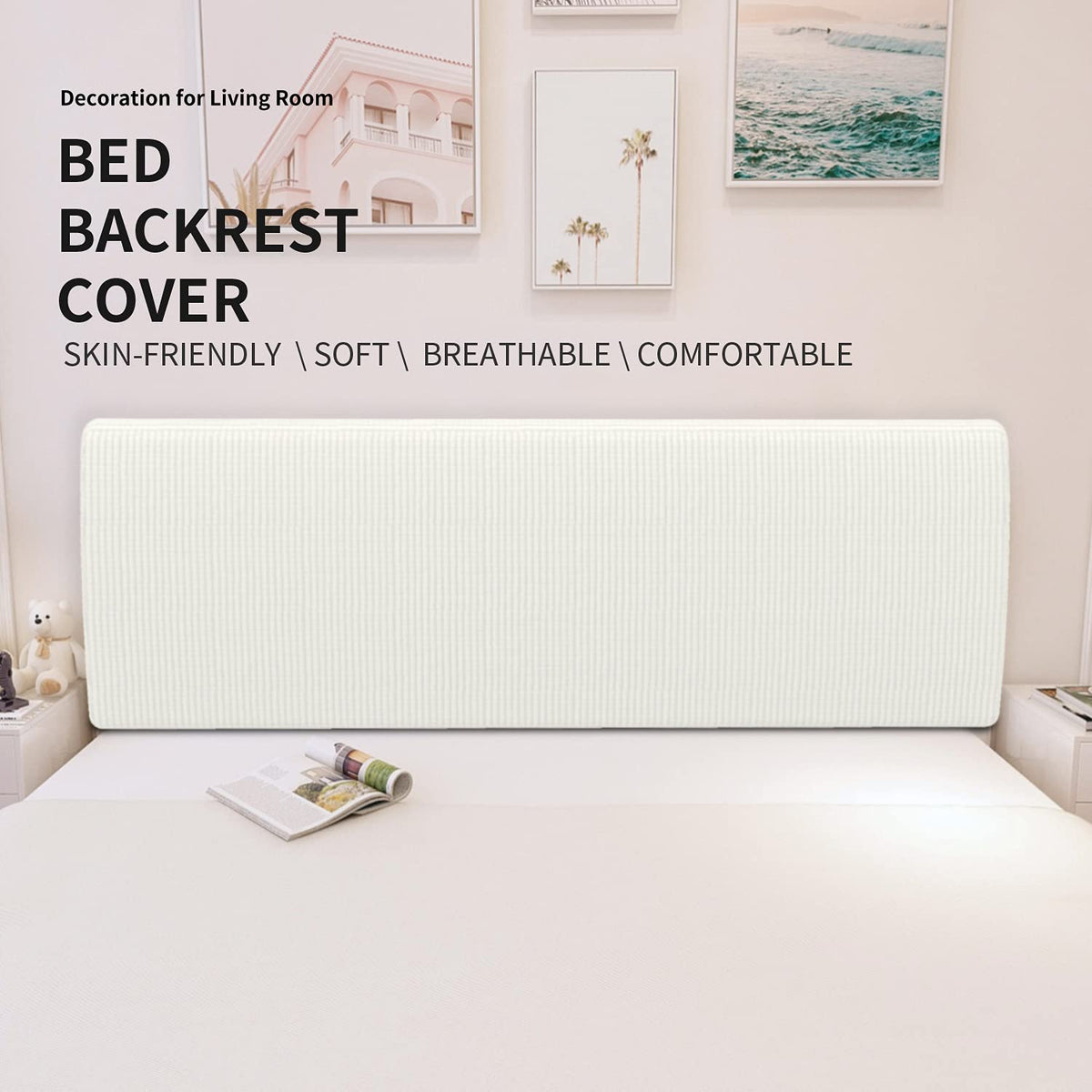 Easy-Going Stretch Bed Headboard Slipcover, Small Square Jacquard Furniture Cover, Dustproof Protector Cover for Bedroom Decor Queen, Cream