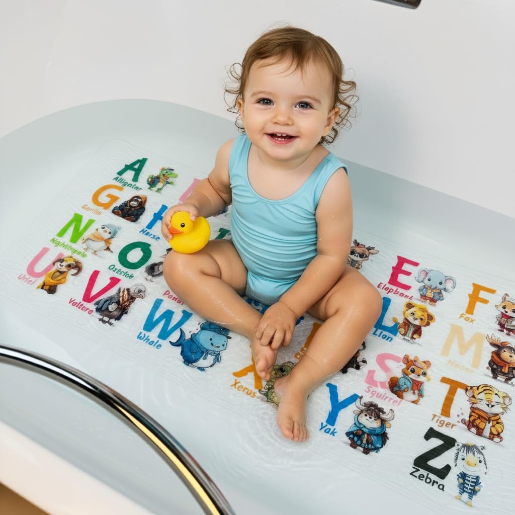 ShineCozy Kids Non-Slip Bath Mat | Extra Large 35x16 Cartoon Animal Mat