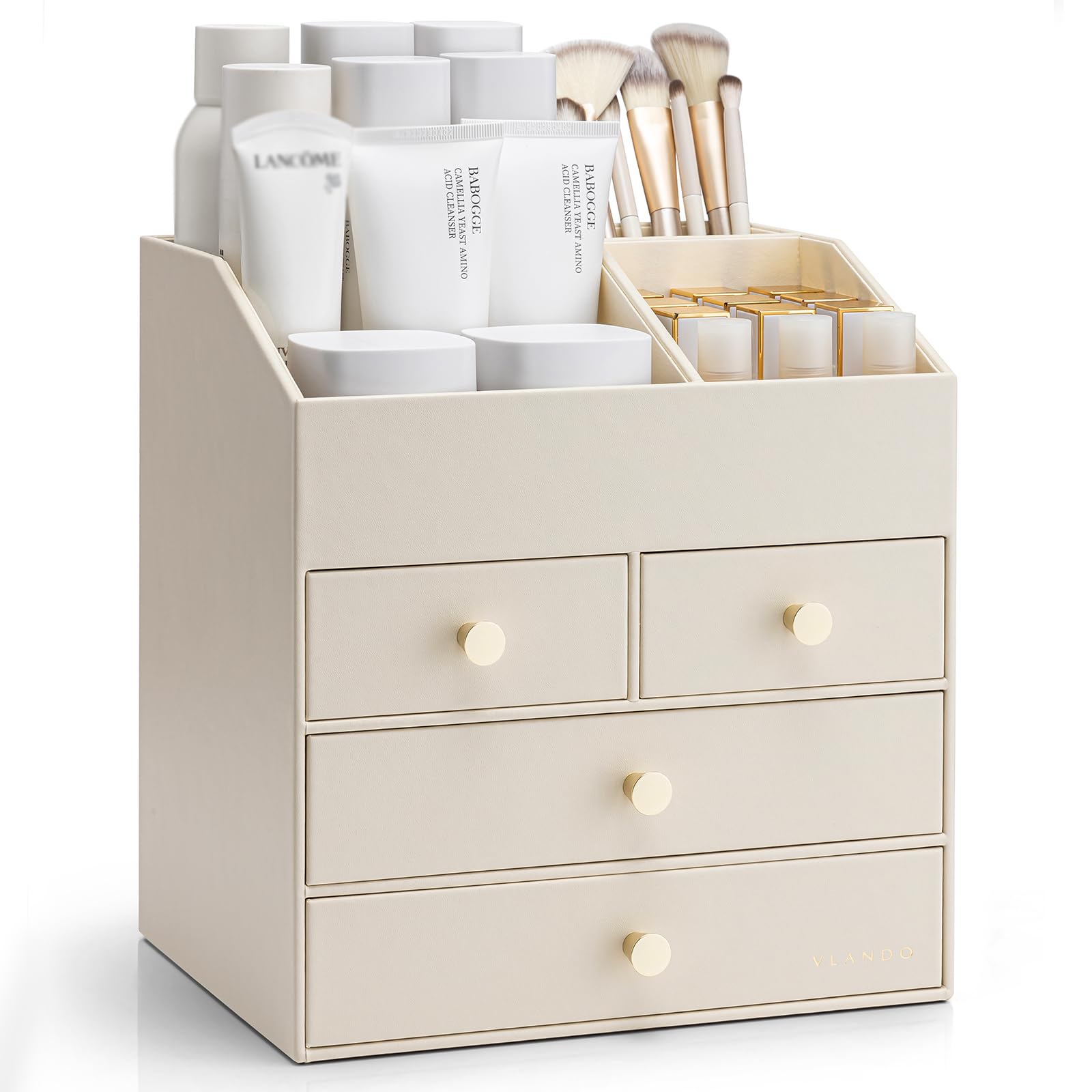 Vlando Faux Leather Makeup Organiser – 4 Drawer Vanity Storage, Beige