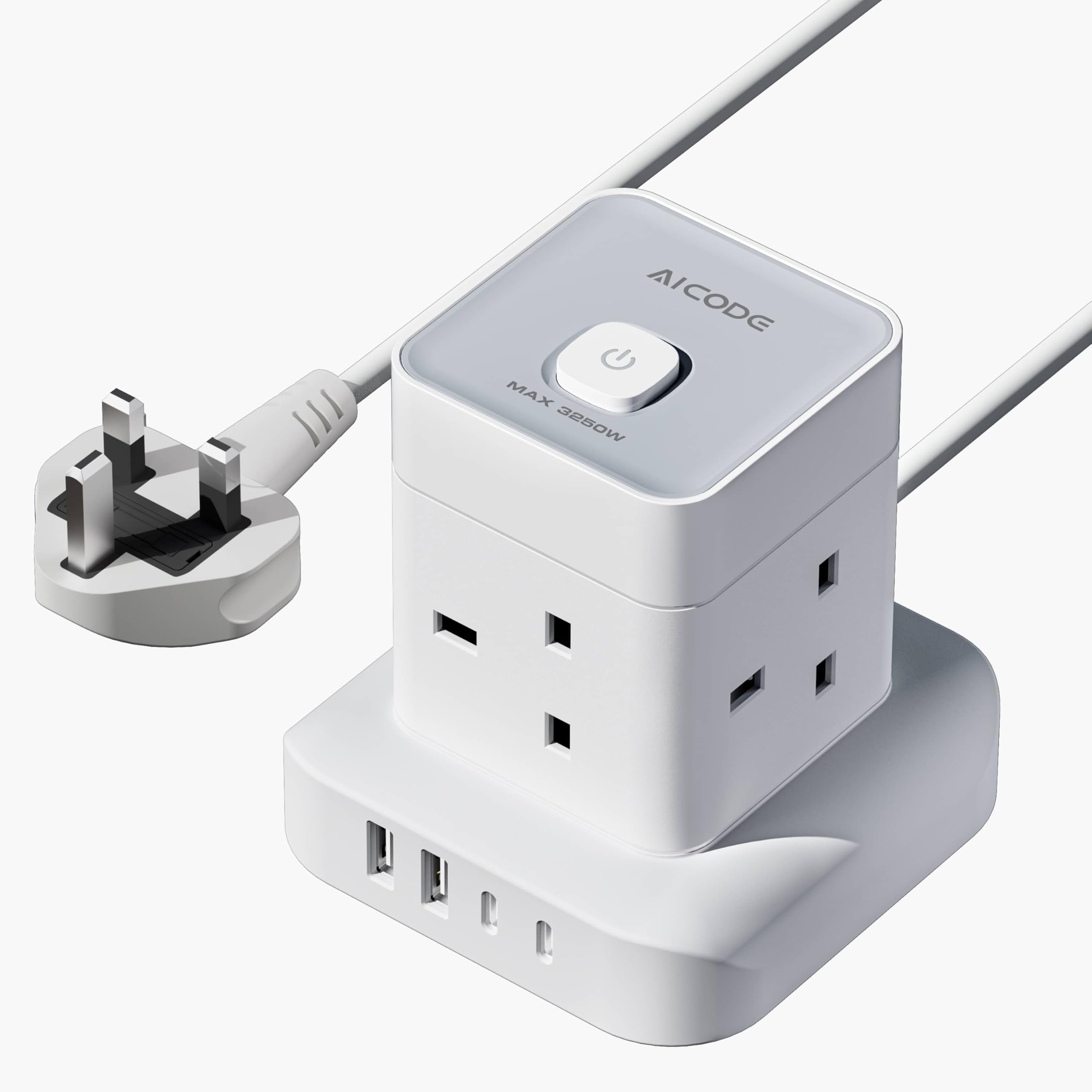 AICODE Cube Extension Lead | 4 Way Multi Plug Tower with 4 USB Ports