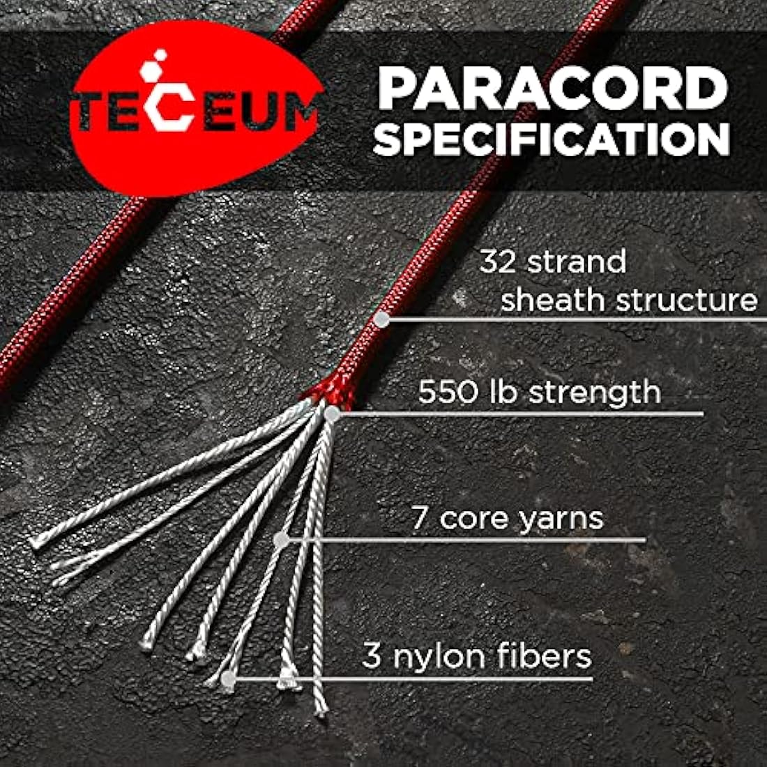 TECEUM 550lb Paracord – 4mm Nylon Tactical Rope for Camping & Survival