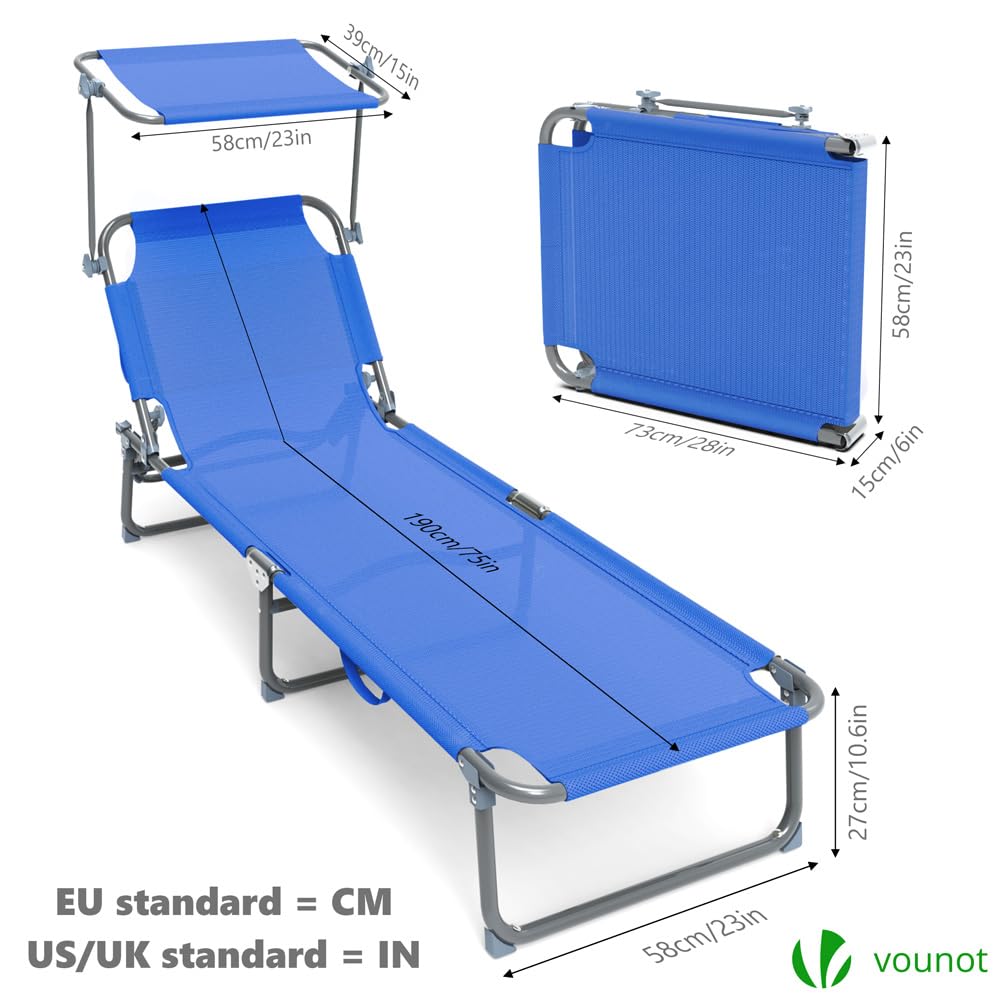 VOUNOT Folding Sun Loungers Set of 2 | Reclining Textilene Sunbeds - Blue