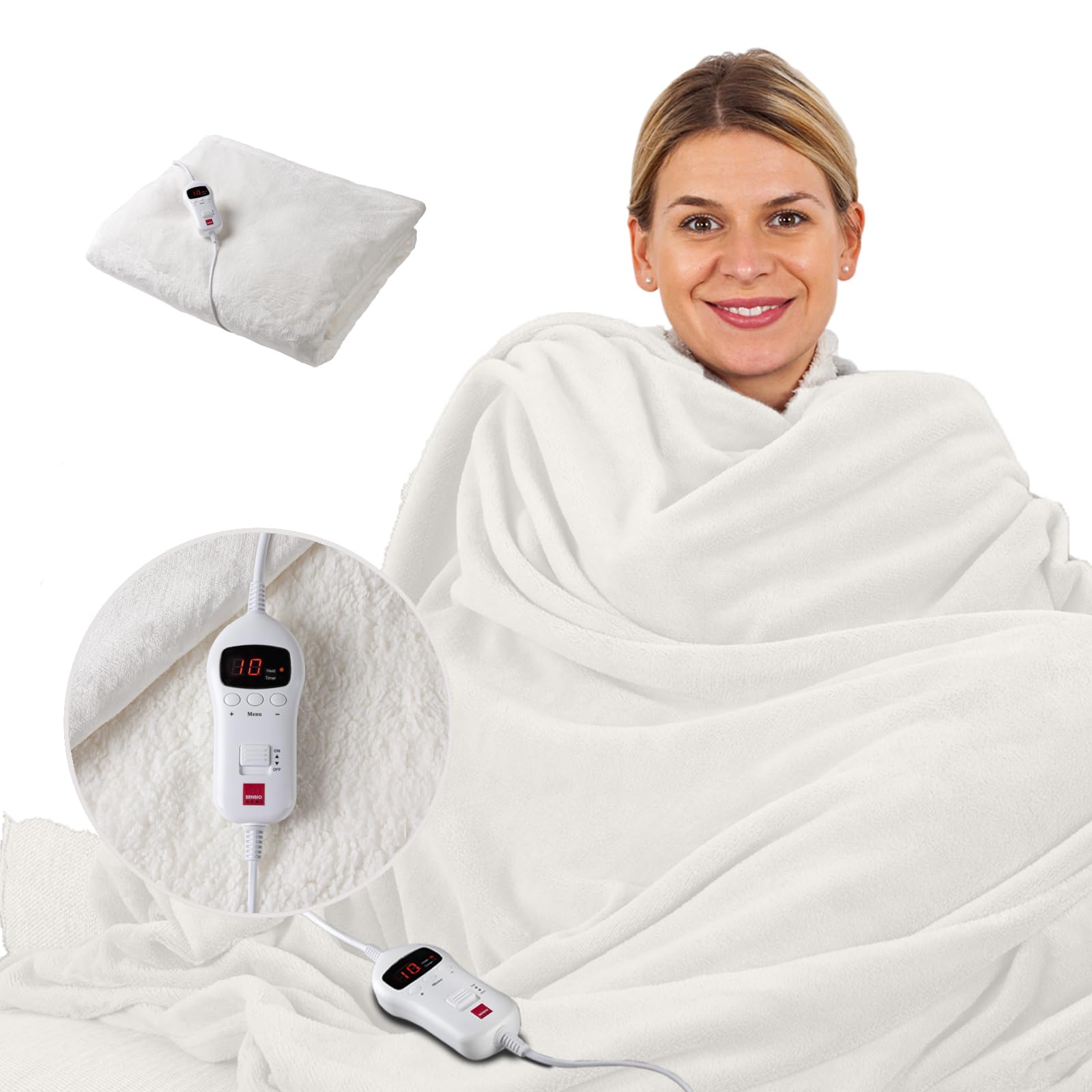 Sensio Home Heated Throw Electric Blanket - Cream Flannel Fleece - 160x120cm