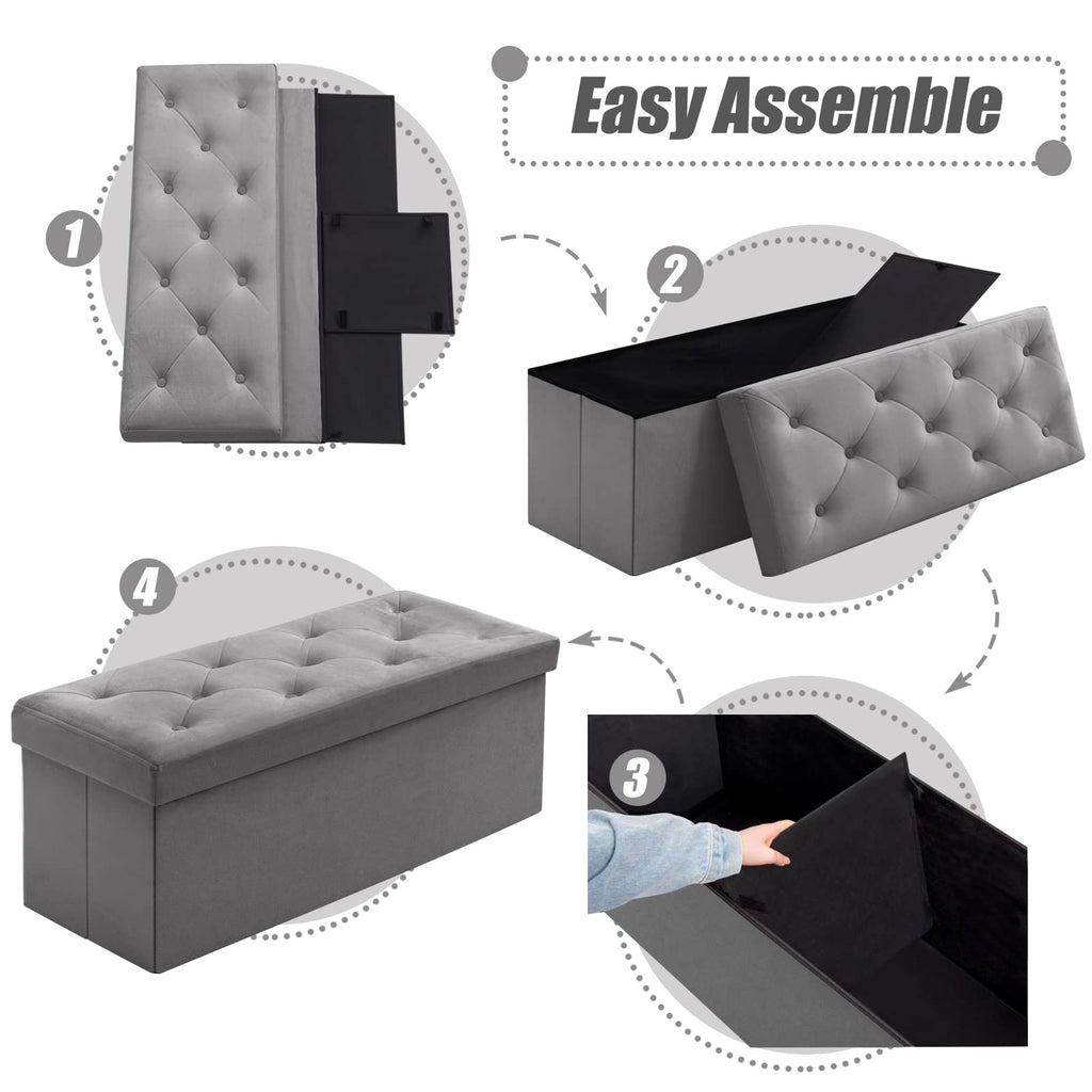 BRIAN & DANY Velvet Folding Storage Ottoman Bench | Gray, 110cm