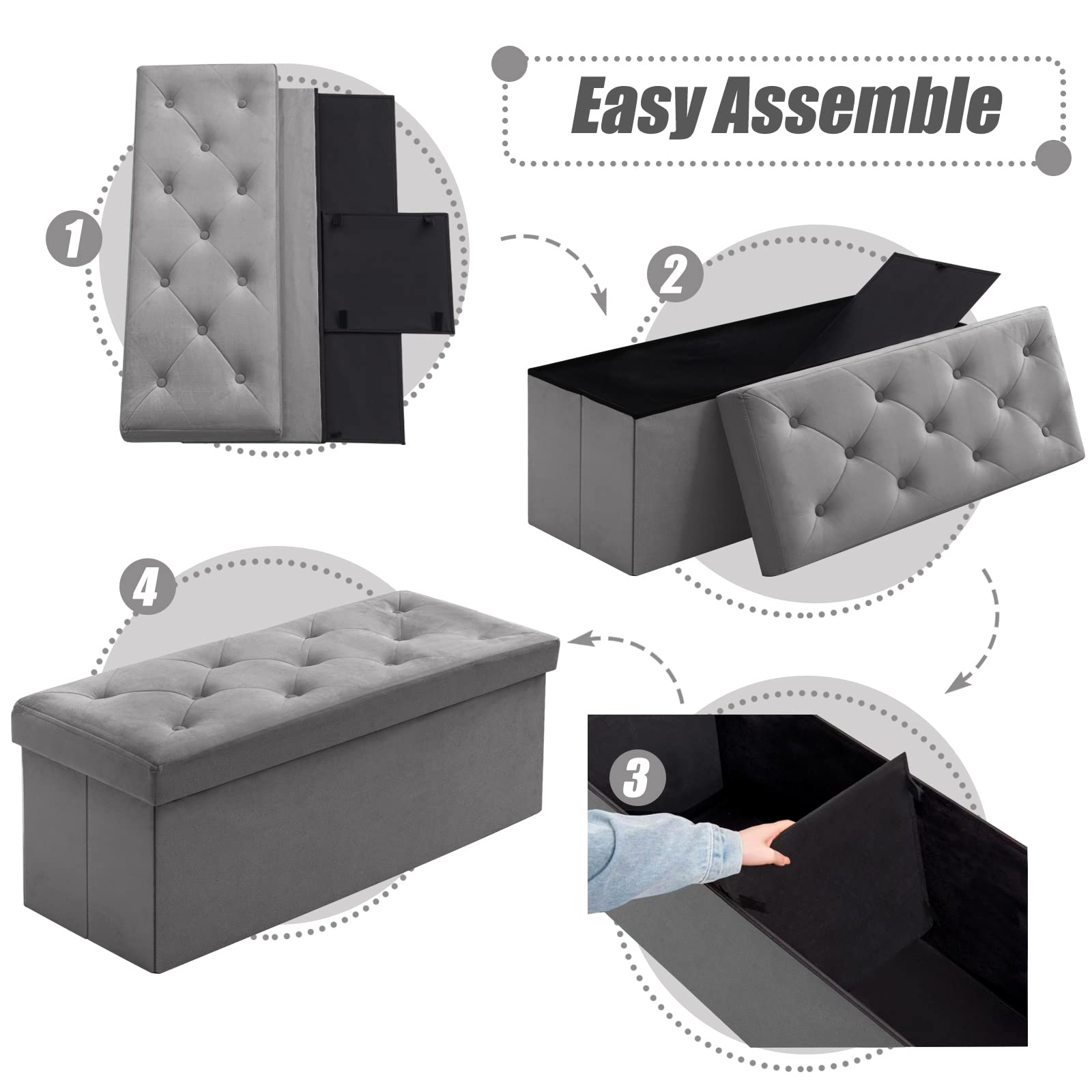 BRIAN & DANY Velvet Folding Storage Ottoman Bench | Gray, 110cm