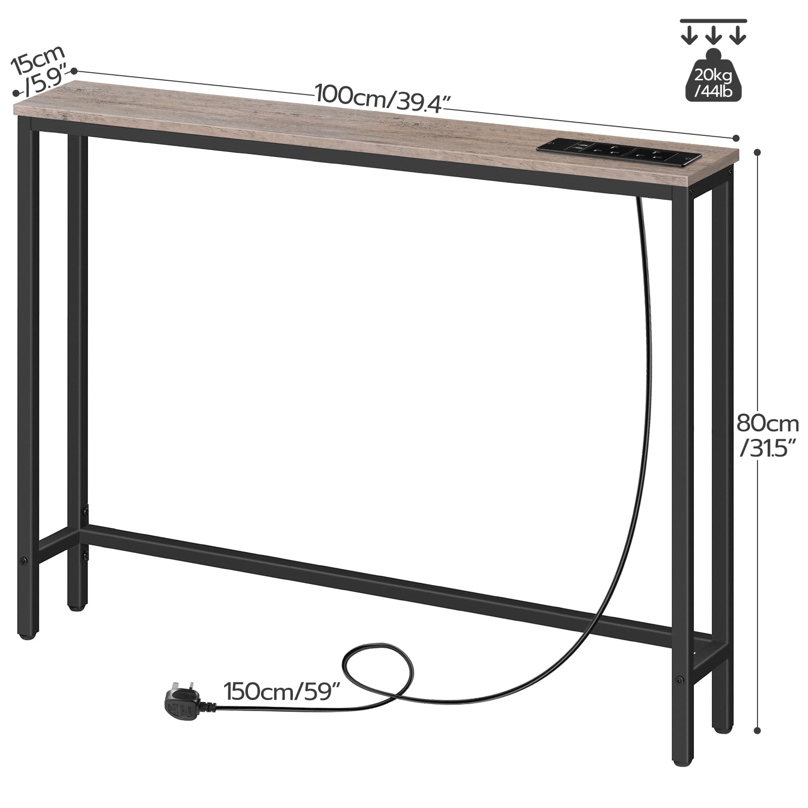 HOOBRO Slim Console Table with Charging Station - 100cm Greige Sofa Table