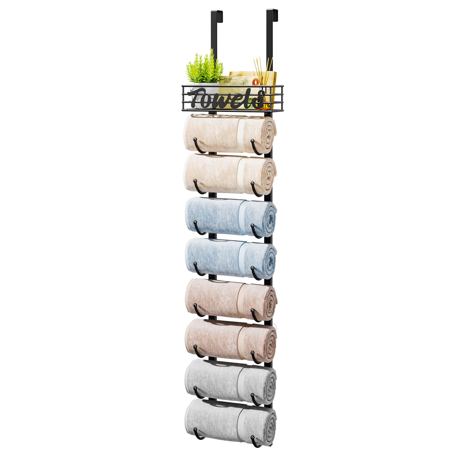 HapiRm 9-Tier Over Door Towel Rack | Wall Mounted Metal Storage, Black