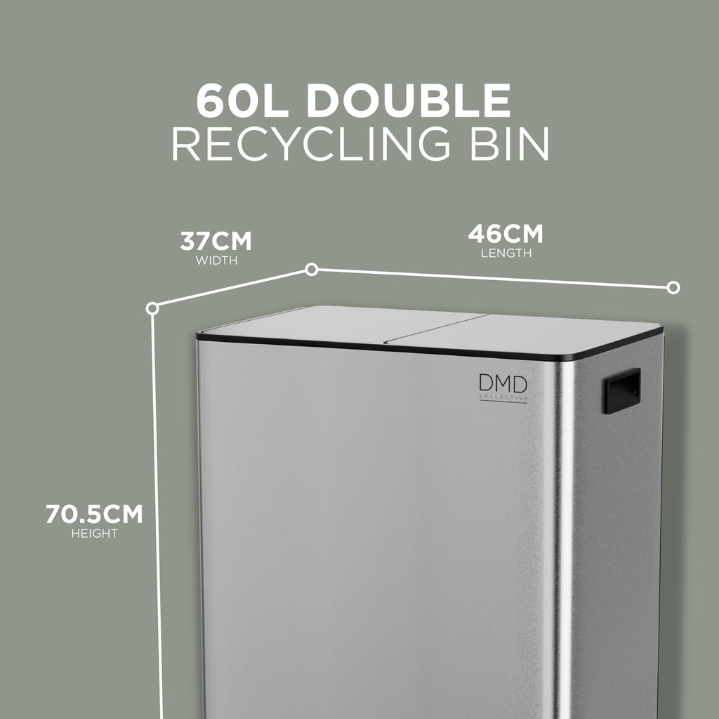 DMD 60L Dual Stainless Steel Recycling Bin with 3L Compost Bin
