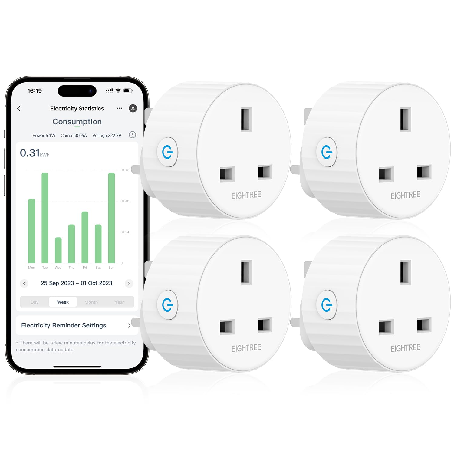 EIGHTREE Smart Plug with Energy Monitoring, 13A WiFi Socket - 4 Pack