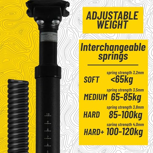 BikePeak Suspension Seatpost - 350mm Adjustable Shock Absorber with 4 Springs