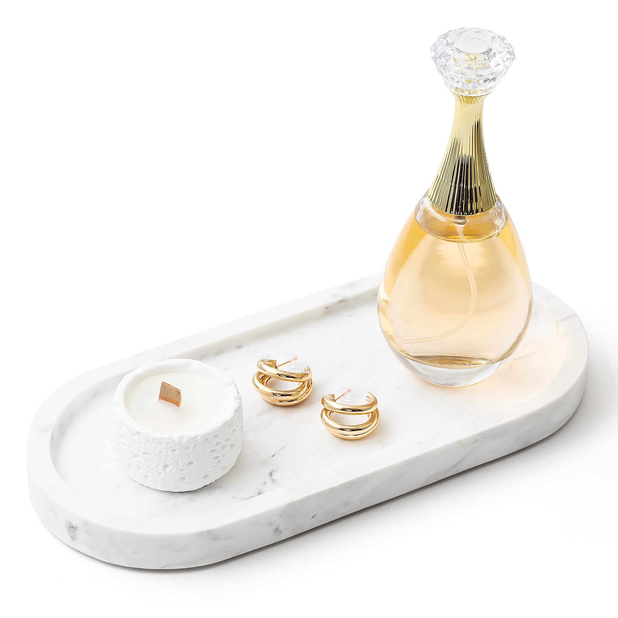 WORHE Natural Marble Vanity Tray – Oval Stone Jewelry Dish & Perfume Organizer