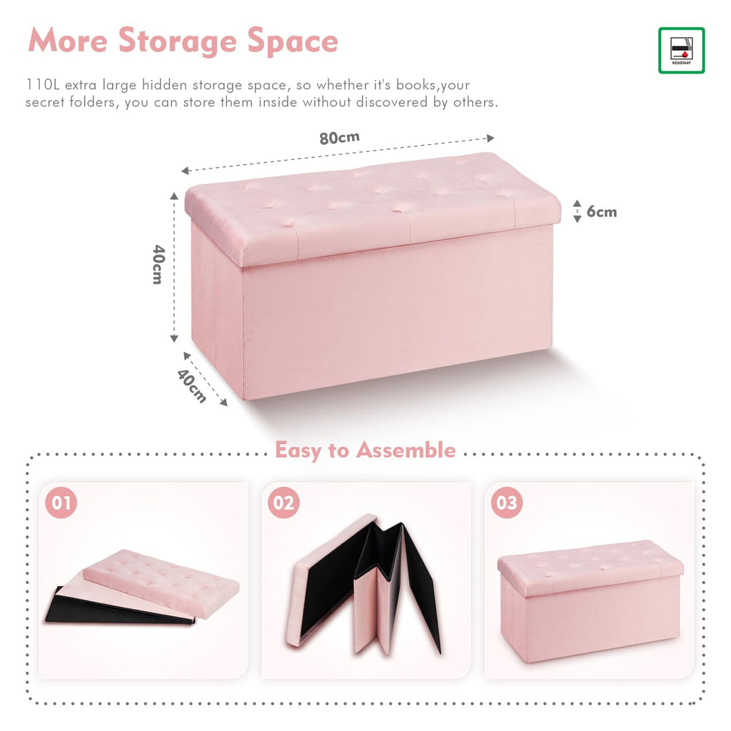 Bonlife Pink Velvet Folding Storage Ottoman Bench - 80cm Toy Chest Seat