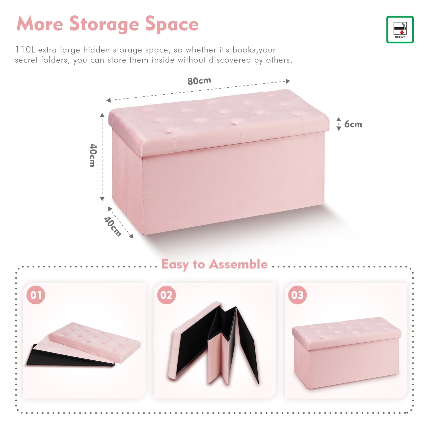 Bonlife Pink Velvet Folding Storage Ottoman Bench - 80cm Toy Chest Seat