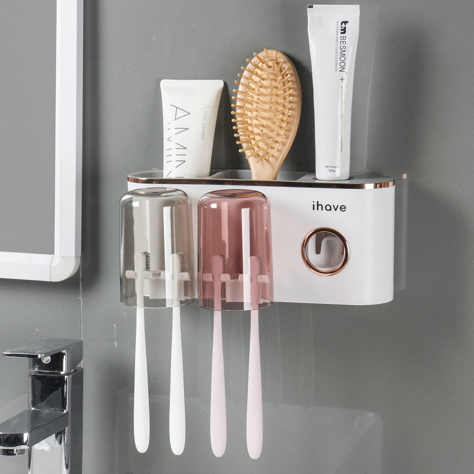 iHave Wall Mounted Toothbrush Holder with Toothpaste Dispenser - 2 Cups