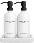 Brighter Barns Glass Hand and Dish Soap Dispenser Set with Tray - White