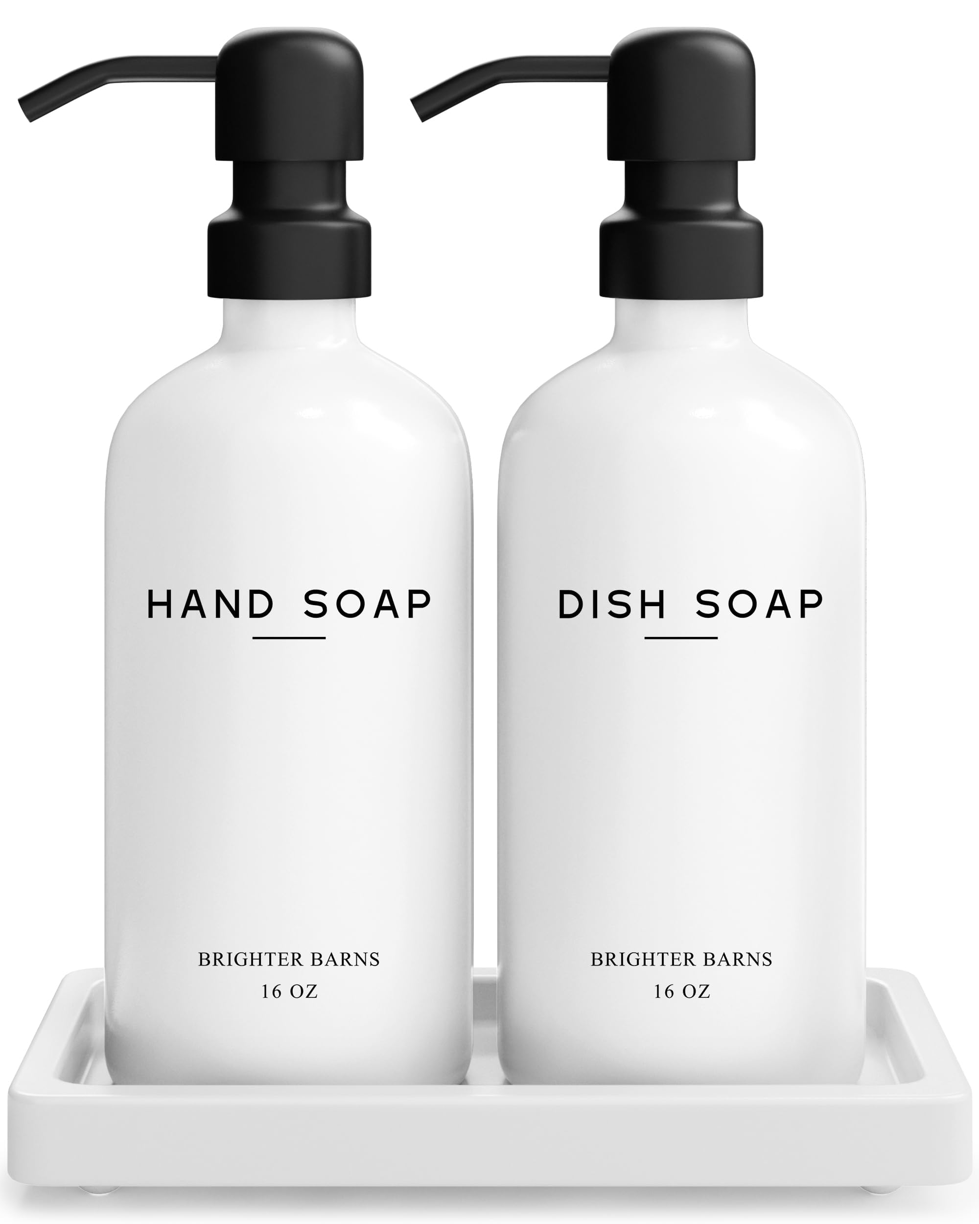 Brighter Barns Glass Hand and Dish Soap Dispenser Set with Tray - White