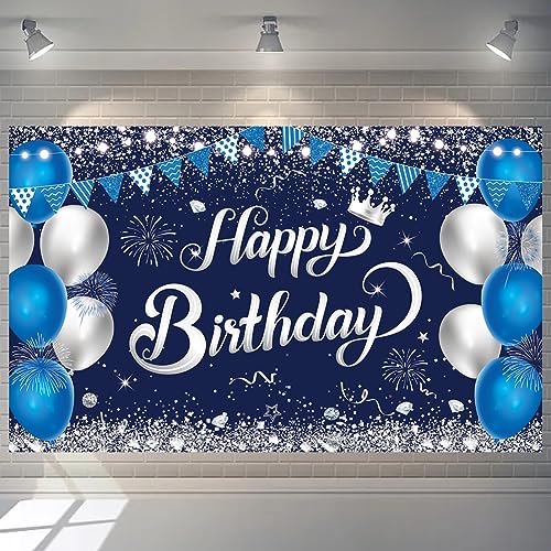 Happy Birthday Banner – Blue & Silver Fabric Party Backdrop