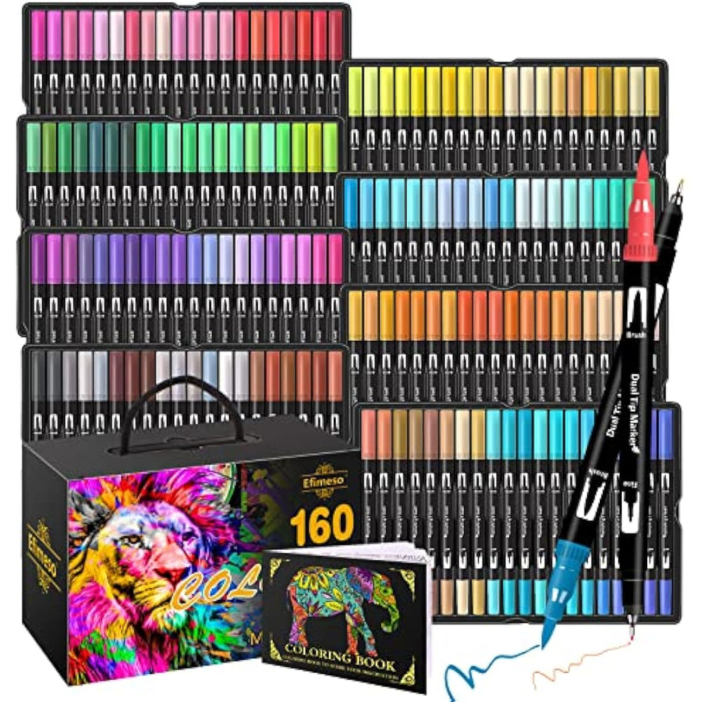 Efimeso 160 Color Dual Tip Brush Pens | Art Markers for Adult Coloring