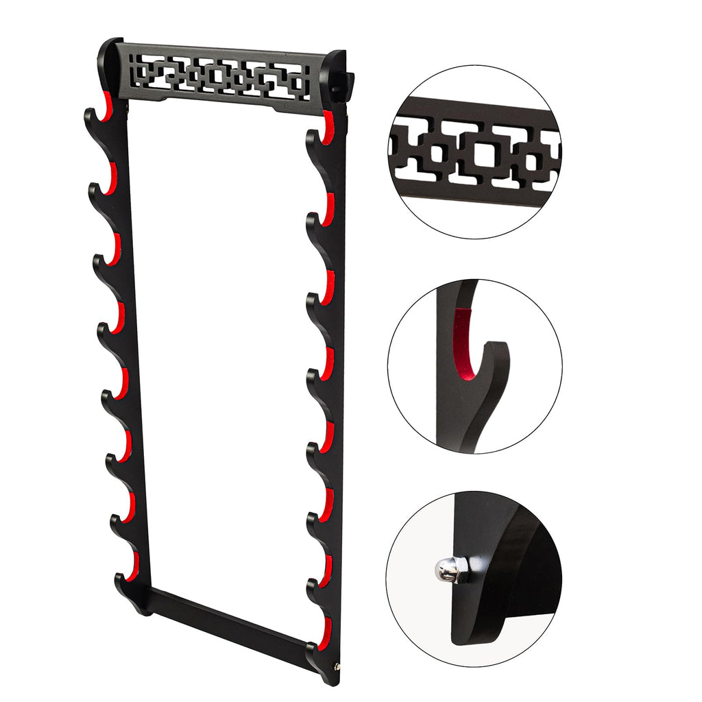 FOXSMZZ 8-Tier Samurai Sword Wall Mount - Black Velvet Padded Rack