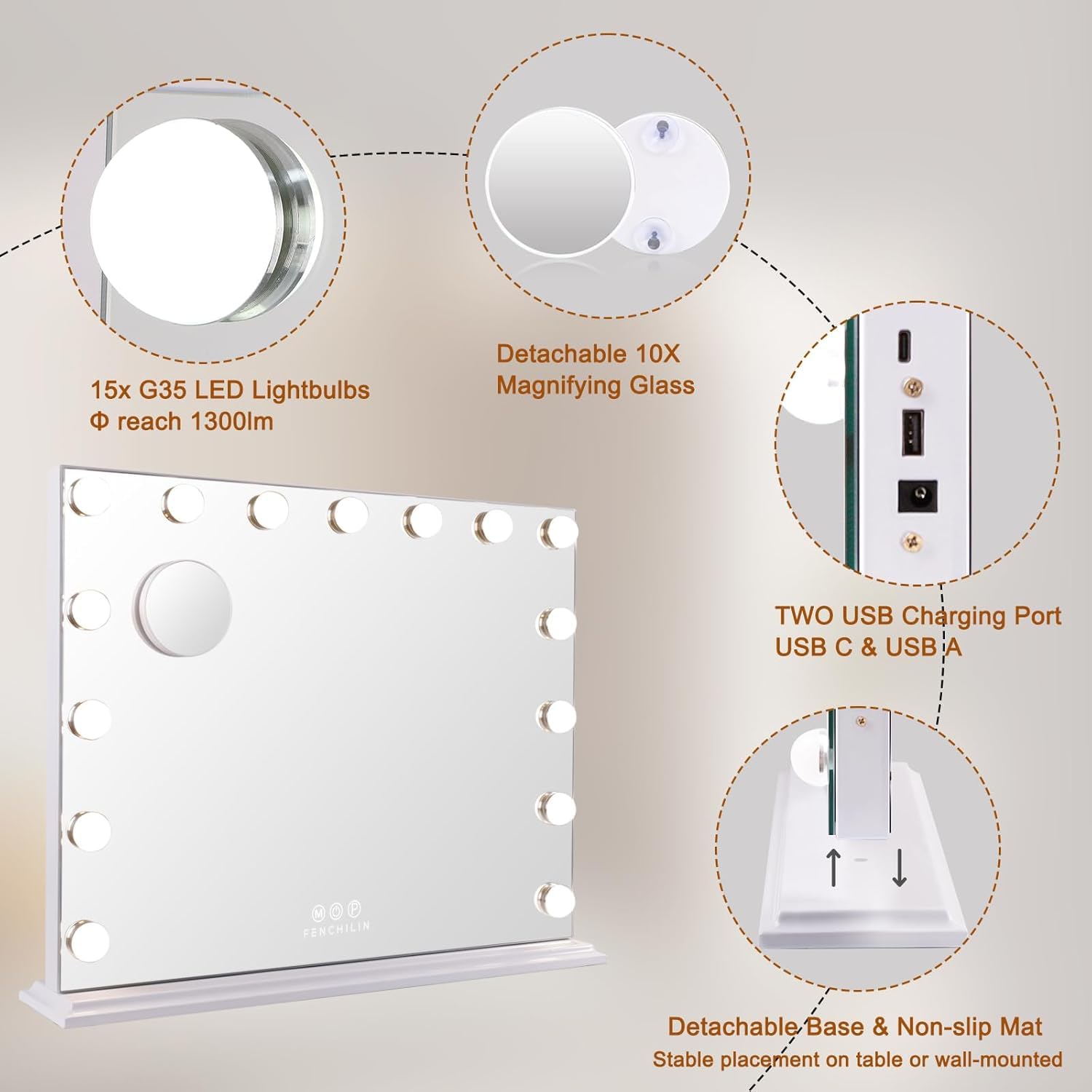 FENCHILIN Hollywood Vanity Mirror with Lights | 15 Bulbs & USB Charging Port