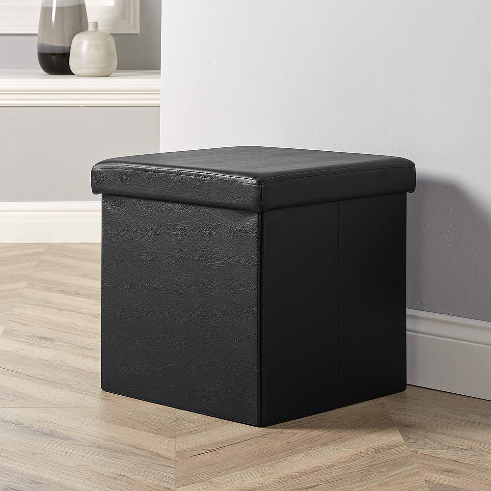 Folding Storage Ottoman – Black Faux Leather Square Box