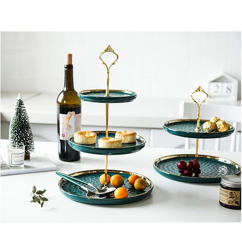 MEETOZ 2-Set Round Porcelain Tiered Cupcake Stand with Gold Rod - Green