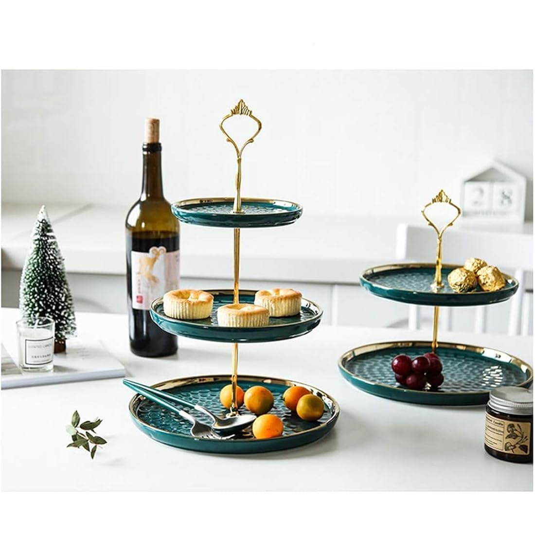 MEETOZ 2-Set Round Porcelain Tiered Cupcake Stand with Gold Rod - Green