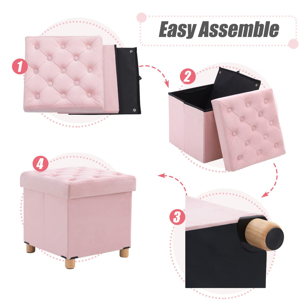 BRIAN & DANY Pink Velvet Folding Storage Ottoman with Wood Legs