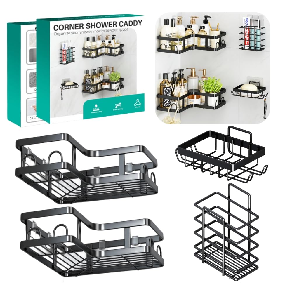 IcosaMro Corner Shower Caddy – 4 Pack Adhesive Stainless Steel Shelf
