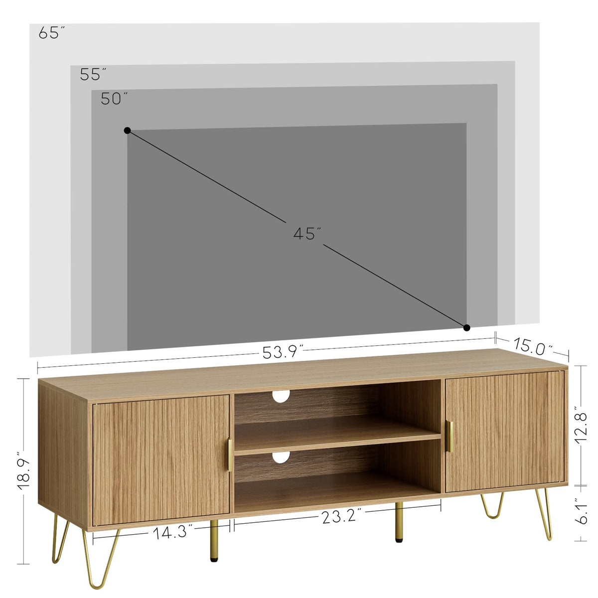 HEYZOEY Oak Fluted TV Stand, 2 Cabinets, Gold Legs, for TVs up to 65 in - image 2