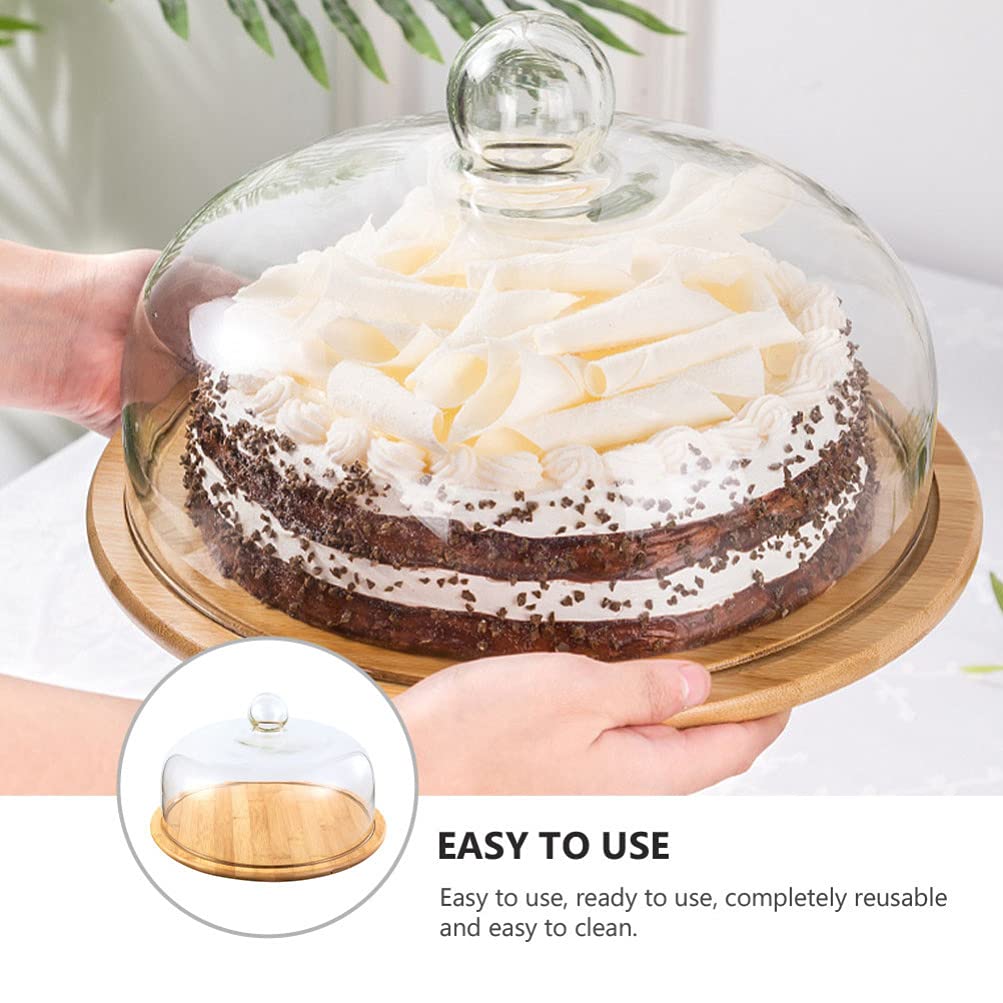 VOSAREA Wooden Cake Tray with Glass Dome - 29cm Serving Platter Stand