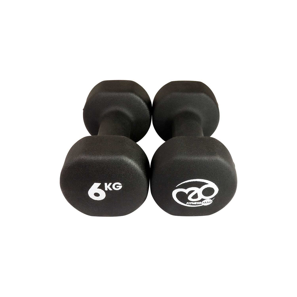 Fitness Mad Neoprene Hex Dumbbells – Pair of 6kg Cast Iron Hand Weights
